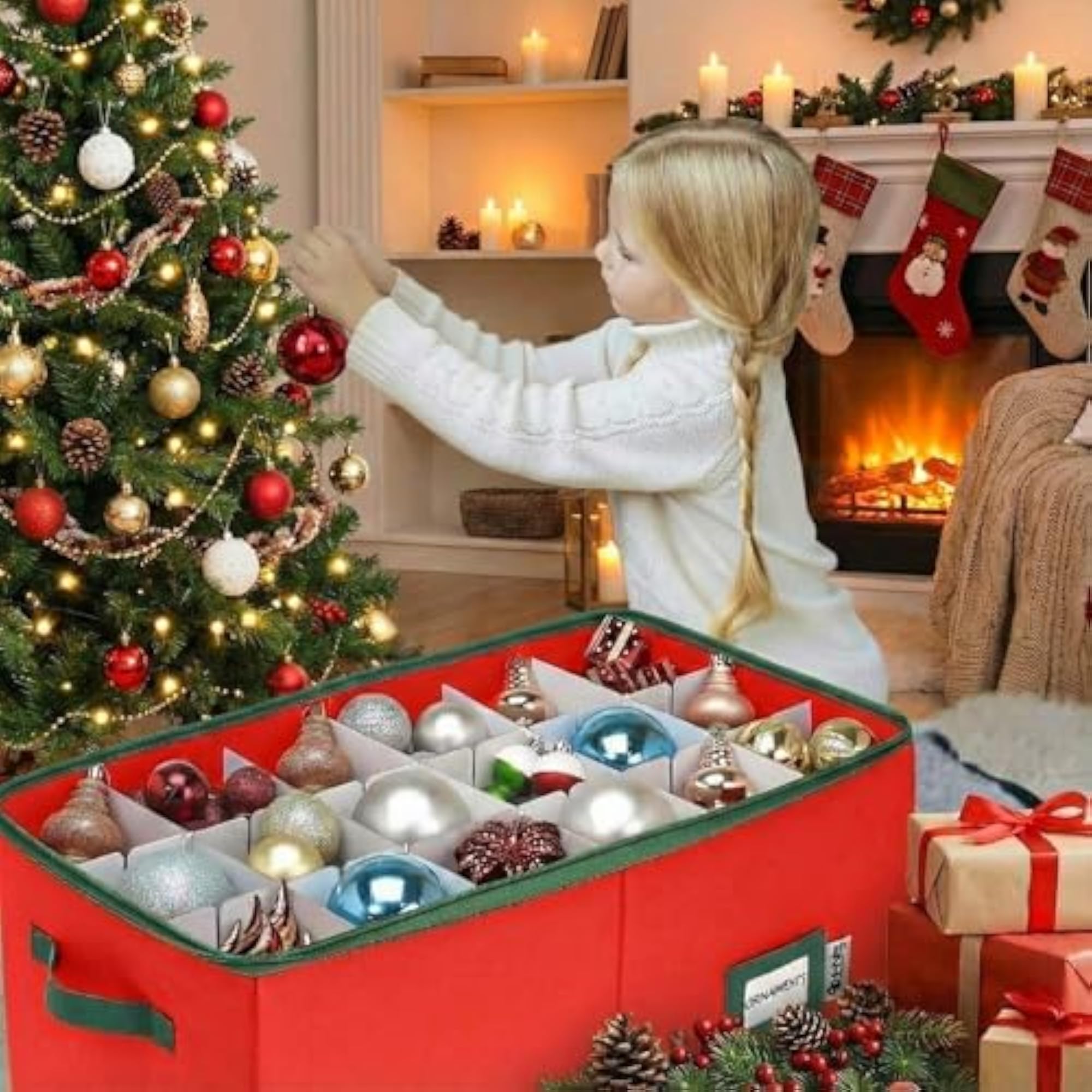 Christmas Ornament Box - Fabric Zippered with Adjustable Dividers