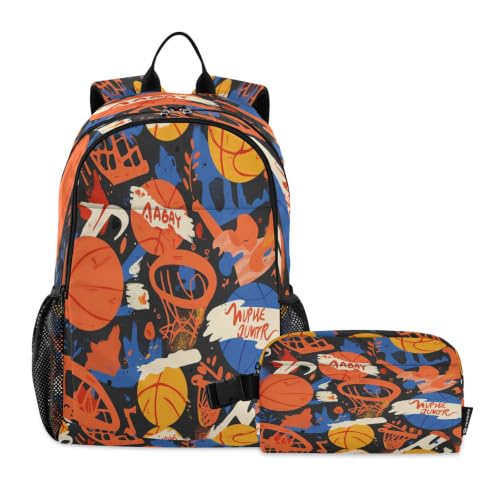 Sac à dos pour étudiants motif basket-ball avec sac lunch durable