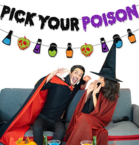 Ptfny Glittery Pick Your Poison Banner Hocus Pocus Decorations Potion Bar Decorations Halloween Party Banner For Haunted Houses Home Halloween Party Decorations Supplies #TOP3