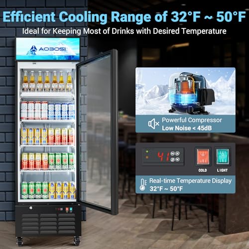 Image of AAOBOSI Commercial Merchandiser Refrigerator,17.1 Cu.Ft Glass Door Display Refrigerator,Upright Beverage Cooler Fridge with Soft LED Light, Customizable Lightbox,Universal Casters,Adjustable Shelves