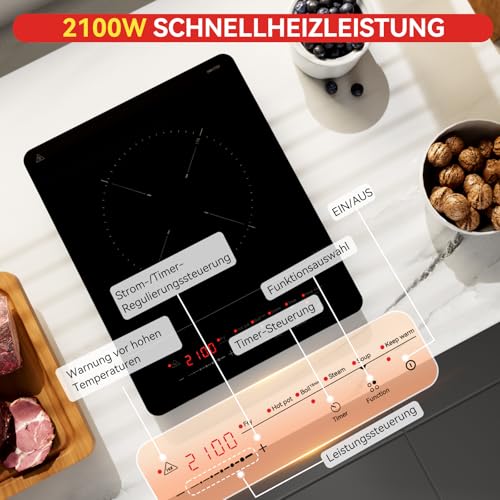 Hermitlux Induktionskochfeld 1 Platte 2100W, 9 Heizstufen,Tragbare Kochplatte mit Timer & Warmhaltefunktion, Kompakt & Leicht, Induktionskochfeld für Küche & Camping