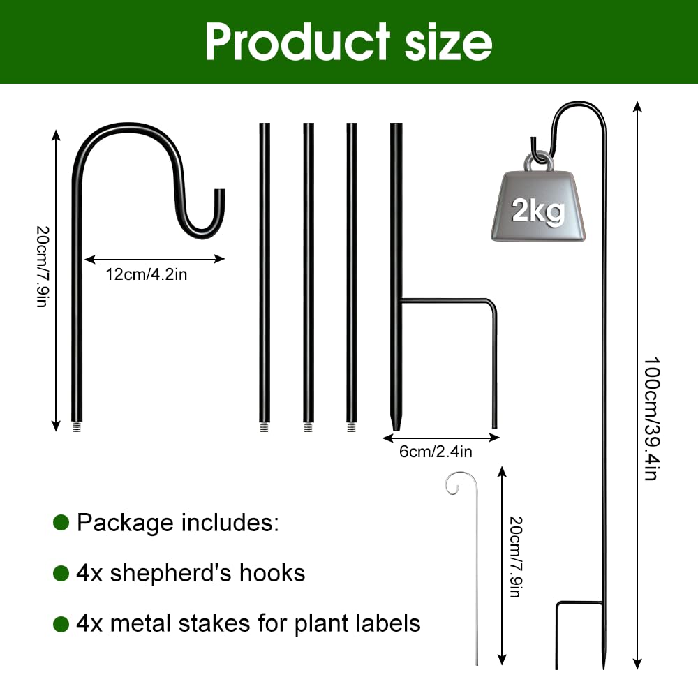 4 Pezzi Gancio da Pastore per Esterni 100cm, Asta da Giardino Regolabile In Metallo Utilizzata con Quattro Ganci per Esterni Giardino Uccelli Luci Solari Cestini Lanterne Decorazione