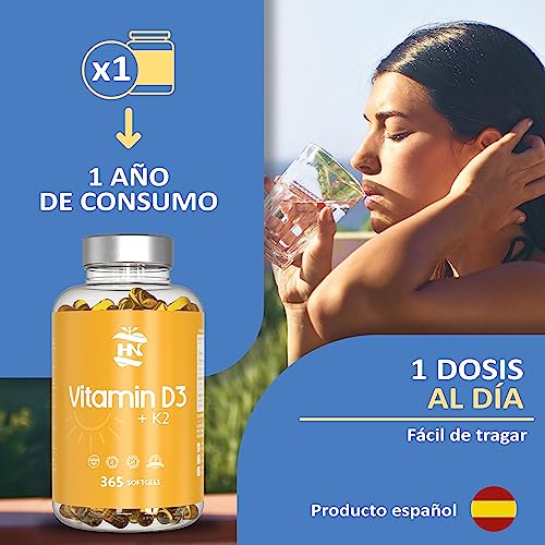 Vitamina D - 365 Cápsulas de vitamina D3 K2 – Vitamina D (5000 UI) altamente concentrada. Favorece la función inmunológica y ósea - 365 cápsulas (1 Bote 365 Cápsulas)