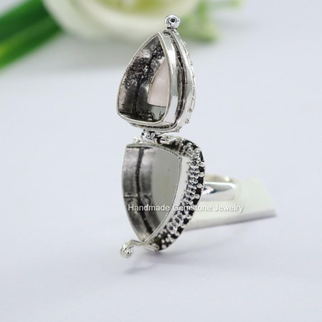 Natural Rose Quartz Ring, Poison Box Ring, Unique Ring, Self-Love Ring, Openable Poison Ring, Pillbox Ring, Wedding Ring, Artisan Design Ring, Locket Ring, Rose Quartz Jewelry, Trilion Ring