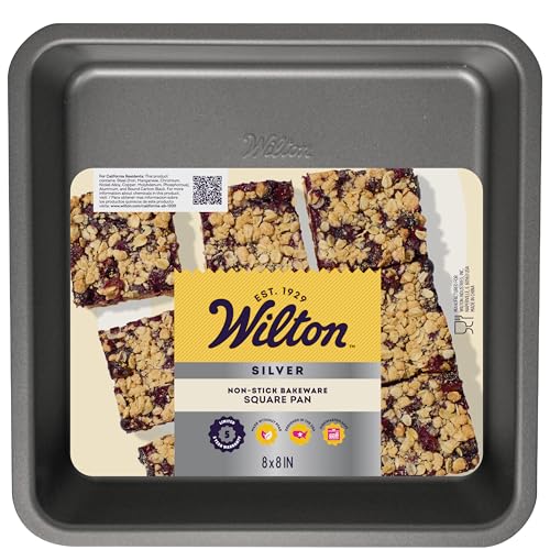 Wilton Silver Non Stick Square Cake Pan, Perfect for Brownies, Sheet Cake, Made without PFAS, Durable Steel, Even Heating, 8 x 8 in, Packaging May Vary