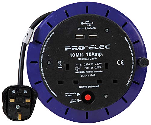 Pro Elec PEL00802 10A 2-Gang Cassette Reel mains Extension with 2x USB Charging Ports, 10 m
