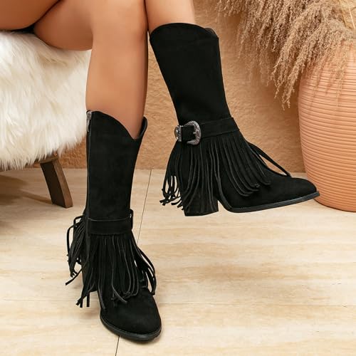 getmorebeauty Women's Mid Calf Boots Low Chunky Heels Closed Toe Suede Vintage Tassels Side Zipper Ankle Boots for Autum Winter2
