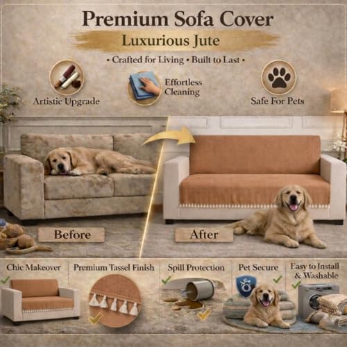 Image of STITCHNEST Jute Sofa Cover - Brown, 24x60 Inch | Soft Textured Fabric with Tassel| Full Coverage Sofa for Living Room Decor