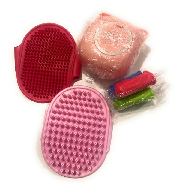 Dog Bath Brush Kit with Adjustable Ring Handle, Short and Long Hair Brushes (Blue/lightblue)