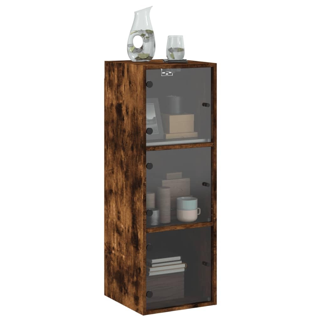Wandschrank mit Glastüren Räuchereiche 35x37x100 cm Holzwerkstoff Aufbewahrungsschrank für Büro Flur Garage mit Stauraum und Regalfach für Ordnung und Organisation