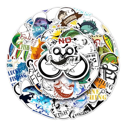 Paquete de 50 calcomanías de vinilo con temática de pesca, deportes al aire libre, pasatiempos, creativos, estéticos, impermeables, para laptop, maleta, monopatín, diario, adolescentes, niños y