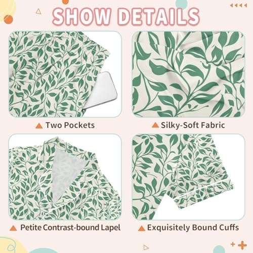 senya Green Many Leaf Satin Summer Pajama Sets Silk Short Sleeve Button Down Sleepwear3