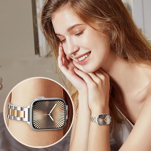 Image of Melyis Slim Metal Band Compatible with Apple Watch Bands for Women 40mm 41mm 38mm 42mm, Premium Stainless Steel iWatch Bands for Apple Watch Band Series 11 10 9 SE Series 8 7 6 5 4 3 2 1-Silver /Rose Gold