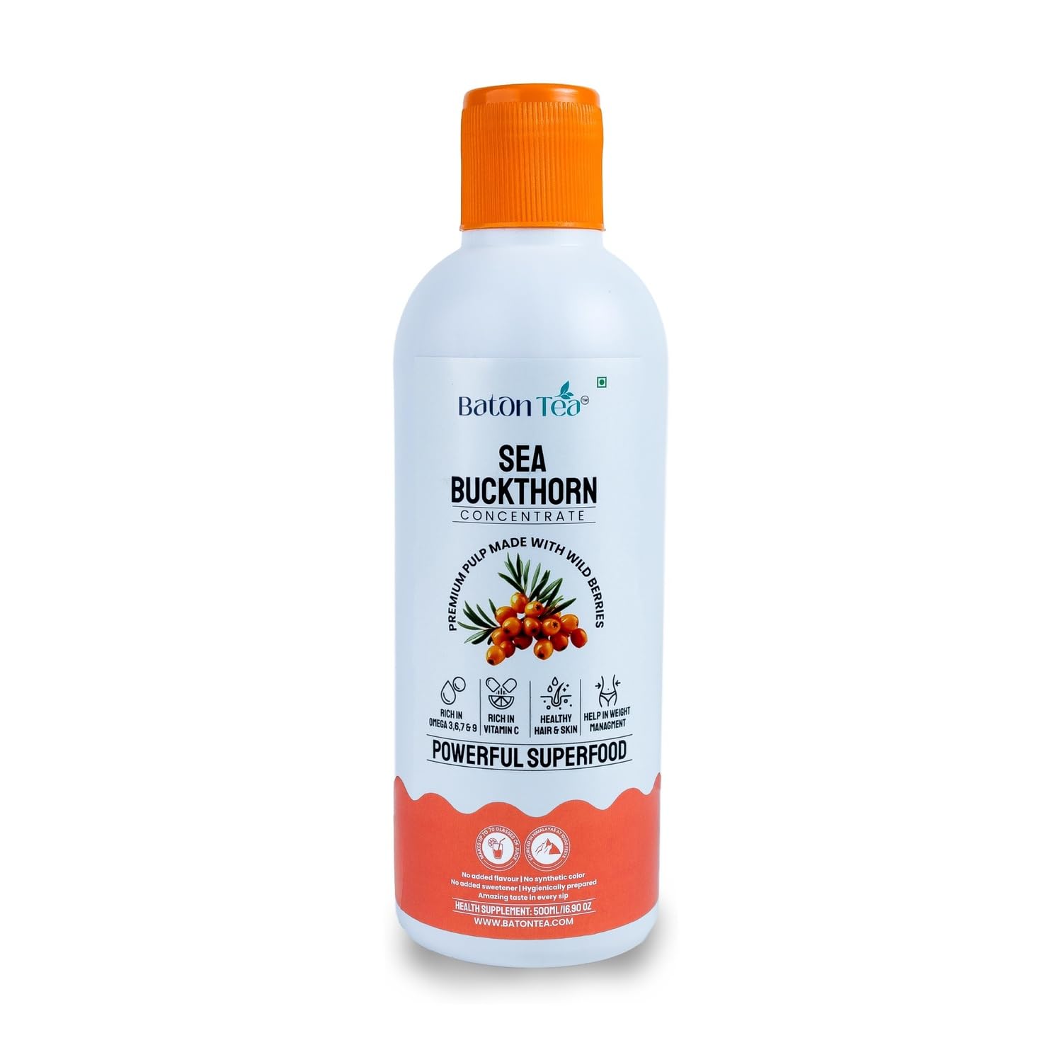 Baton Himalayan Sea Buckthorn Pulp Pure Berry Concentrate, Rich in Omega 3-6-7-9 & Vitamin C, Immunity Booster, No Sugar Added, Supports Skin & Heart Health (500ml Pack 1)