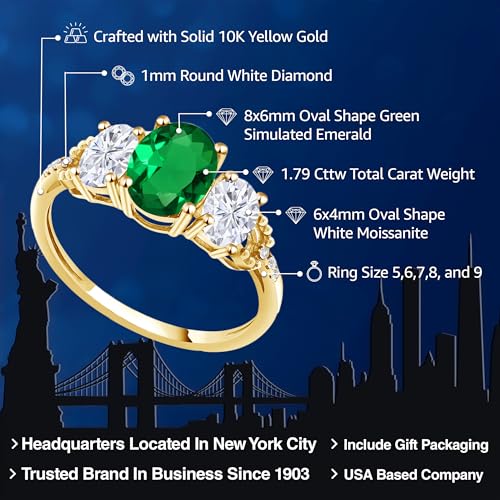 Gem Stone King 10K Yellow Gold Green Simulated Emerald White Moissanite and Diamond Accent 3-Stone Ring For Women | 1.79 Cttw | Oval 8X6MM and 6X4MM | Available In Size 5-9.52