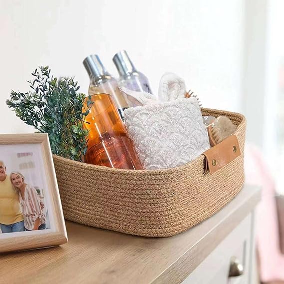 Image of [Pack of 1-12x8x5 inch, Rectangle, Beige] Handwoven Soft Jute Cotton Basket | Eco-Friendly Shelf Baskets, Naturally Reshapes After Filling | Ideal for Storage, Organization & Gift Hampers