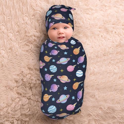 Image of Space Swaddle Blanket with Hat for Baby, Swaddling Space Planet Theme Baby Stuff