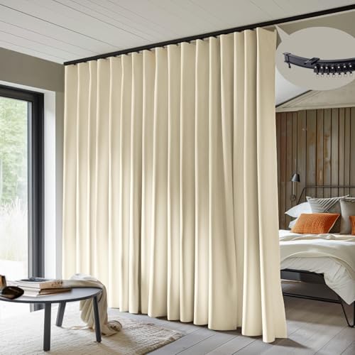 Image of MaKefeile Room Divider Curtains with Flexible Ceiling Tracks Set(Beige Drape & Black Rail W 8.3 x H 7 FT)