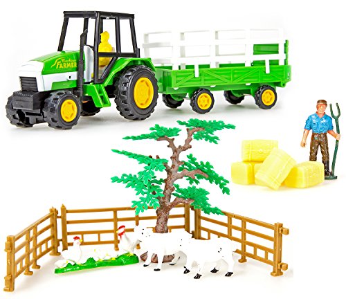 Nerd Clear Traktor Bauernhof-Traktor mit Anhänger Spielzeug-Set Bauernhof-Tiere Farm-Tiere und Zubehör