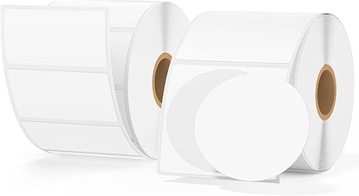 MUNBYN Thermal Labels, Square and Circle White Thermal Stickers for Logo Design, QR Code, Inventory, 2" Round 750 Sheets/Roll & 2.25"x1.25" 1000 Sheets/Roll