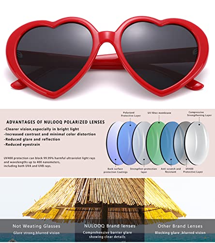 Nulooq Polarized Heart Shaped Sunglasses For Women Retro Fashion Large Frame Lovely Style With 100% Uv Protection (Red Frame/Gray Lens) #TOP4