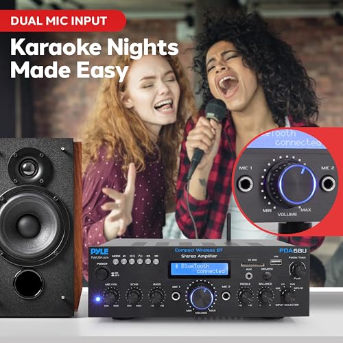 Pyle Wireless Bluetooth Power Amplifier System- 200W Dual Channel Sound Audio Stereo Receiver w/ USB, SD, AUX, MIC in w/ Echo, Radio, LCD, for Home Theater Entertainment via RCA, Studio Use- PDA6BU.7 4 513Tr7zWqEL