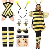 Disfraz de Abeja para Mujer Adulto, 7PCS Disfraz Abeja Mujer de Carnaval con Trajes de Abejas Alas, Diadema, Guantes, Calcetines, Pendientes, Gafas, Pegatinas de Abeja para Cosplay Carnaval Fiesta