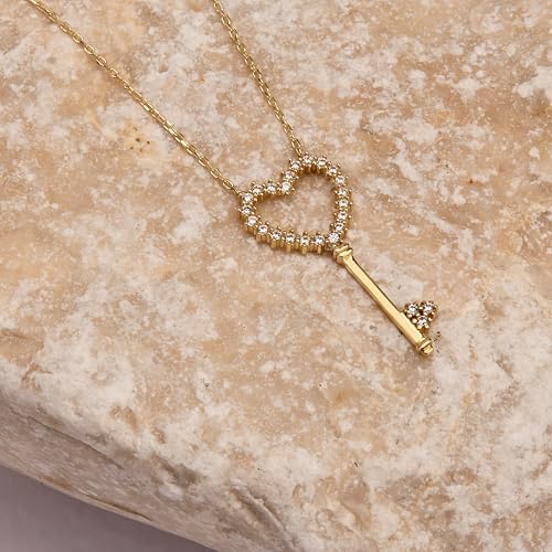 Minimalist Kalp Anahtar Kolye, 18 Ayar Som Altın Kilit Takı, Kalbimin Anahtarı Mücevher, Kız Arkadaşa Hediye 14 Ayar Altın Ayarlanabilir Zincir Gerdanlık (18 Ayar Altın) - Görsel 7