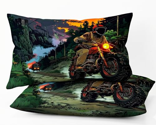 Image of Home Sizzler Adorable 7D Soft Microfiber Double Bedsheet with 2 Pillow Covers - Soft, Breathable, Cool 3D Motorcycle Rider Off-Road Adventure Print