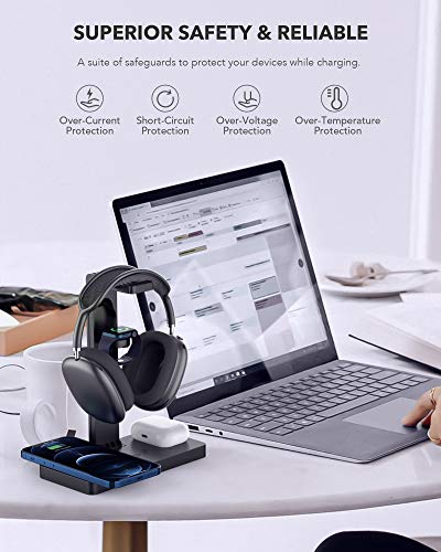 Headphone Stand Headset Holder with Wireless Charger, 2 Type USB C Port, 4 in 1 Fast Wireless Charging Station Dock for Apple Watch, AirPods Pro/2, iPhone 12/11 Series and All Headphones Size (Black)