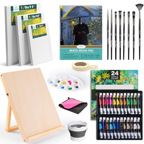 Inburit Acrylic Paint Set, Painting Supplies Kits with 24 Acrylic Paints(22ml), 8 Brushes,1 Wooden Easel,1 Palette etc, Paint Kit for Kids,Adults and Artists