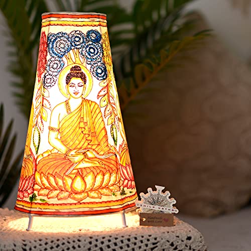 SHILP KATHA Handicraft Leather Table Lamp for Home Decoration | Handmade Side Table Lamp Shade for Bedroom Decor | Decorative Festival Gift for Living Room, Desk, Spiritual Décor | Peace with Buddha