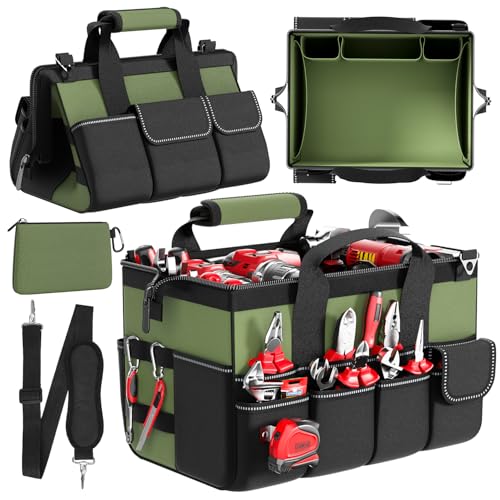 Goovilla Tool Bag 15.5 Inch with 1 Pouch | 17-Pocket Portable Tool Box Organizer Storage with Adjustable Strap, Soft Handle and Durable Zipper | Heavy Duty Tool Bags for Men, Father’s Day (Green)