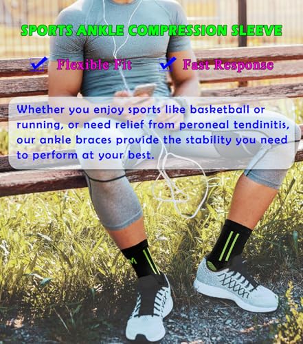 Image of 1Pair Ankle Brace Compression Sleeve for Foot Pain Relief, Swelling, Plantar Fasciitis, Injury Recovery, Compression Ankle Support for Running, Sports (Black & Green, X-Large)