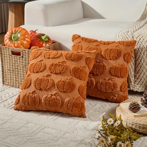 Volcanics Pumpkin Fall Throw Pillow Covers 20x20 Set of 2 Rust Decorative Faux Fur Cushion Covers Fluffy Plush Accent Pillowcases for Autumn Harvest Farmhouse Couch Decor