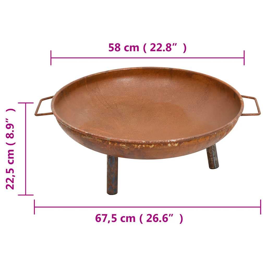 Feuerschale aus Stahl mit rustikaler Beschichtung 67,5x58x22,5 cm braun, für Garten und Terrasse, inklusive Tragegriffe, vielseitig nutzbar als Feuerstelle und Grillrost-Unterlage