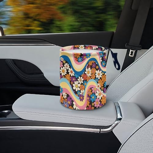 Image of Groovy Hippie Flower Print Car Trash Can Collapsible Portable Car Garbage Bin Multipurpose for Car Front Seat, Back Seat, Floor, Headrest Rubbish Bin Universal Fit for Car SUV Trucks