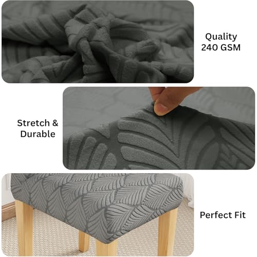 Image of Lukzer Elastic Dining Chair Cover - 4PC Pastel Dark Grey Leaf Trail | Textured High Stretch Jacquard Seat Cover | Removable Washable Short Dining Chair Cover Protector Seat Slipcover | (CC-125-04)