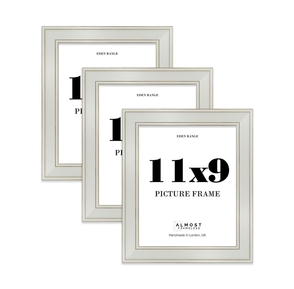 11x9 Light Grey Picture Frame - Shabby Chic Photo Frame with Distressed Finish, Gold Trim, Wall Hooks and Kickstand, 37mm Edge - 3 Pack