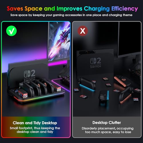 Image of Charging Dock for Nintendo Switch 2 Joy Con, RGB Docking Station for Joycons Controller, Switch 2 Accessories with 18 Game Card Slots