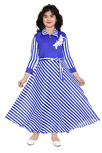 ULTRA TREND Girls Blue Cotton Lycra Blend Maxi/Full Sleeve Gown Party Dress