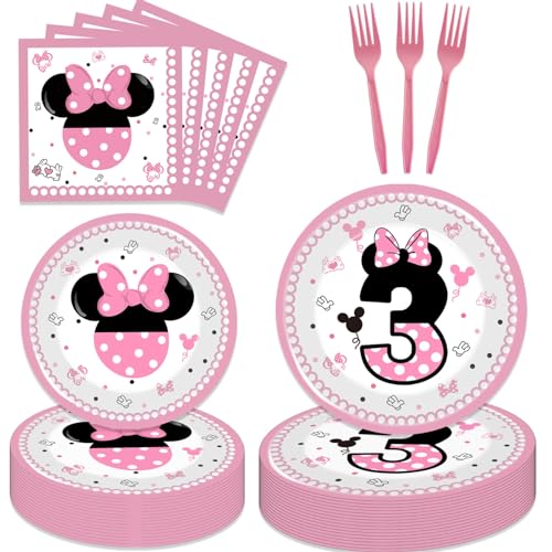80 Pcs Pink 3rd Birthday Party Tableware Pink Wild Three Paper Plates Napkins Forks for Girls Three Years Old Birthday Party Supplies Decorations