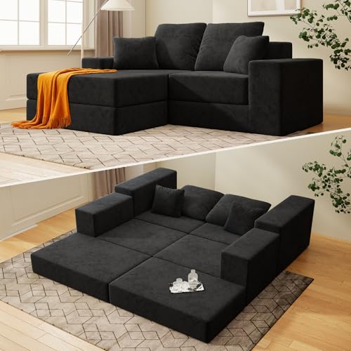 Image of Cloud Modular Sectional Sofa, Comfy Boneless Couch for Living Room, Modern L-Shaped Couch with Reversible Chaise, Customizable Sleeper Sofa with Non Slip, No Assembly & Deep Seat, Black