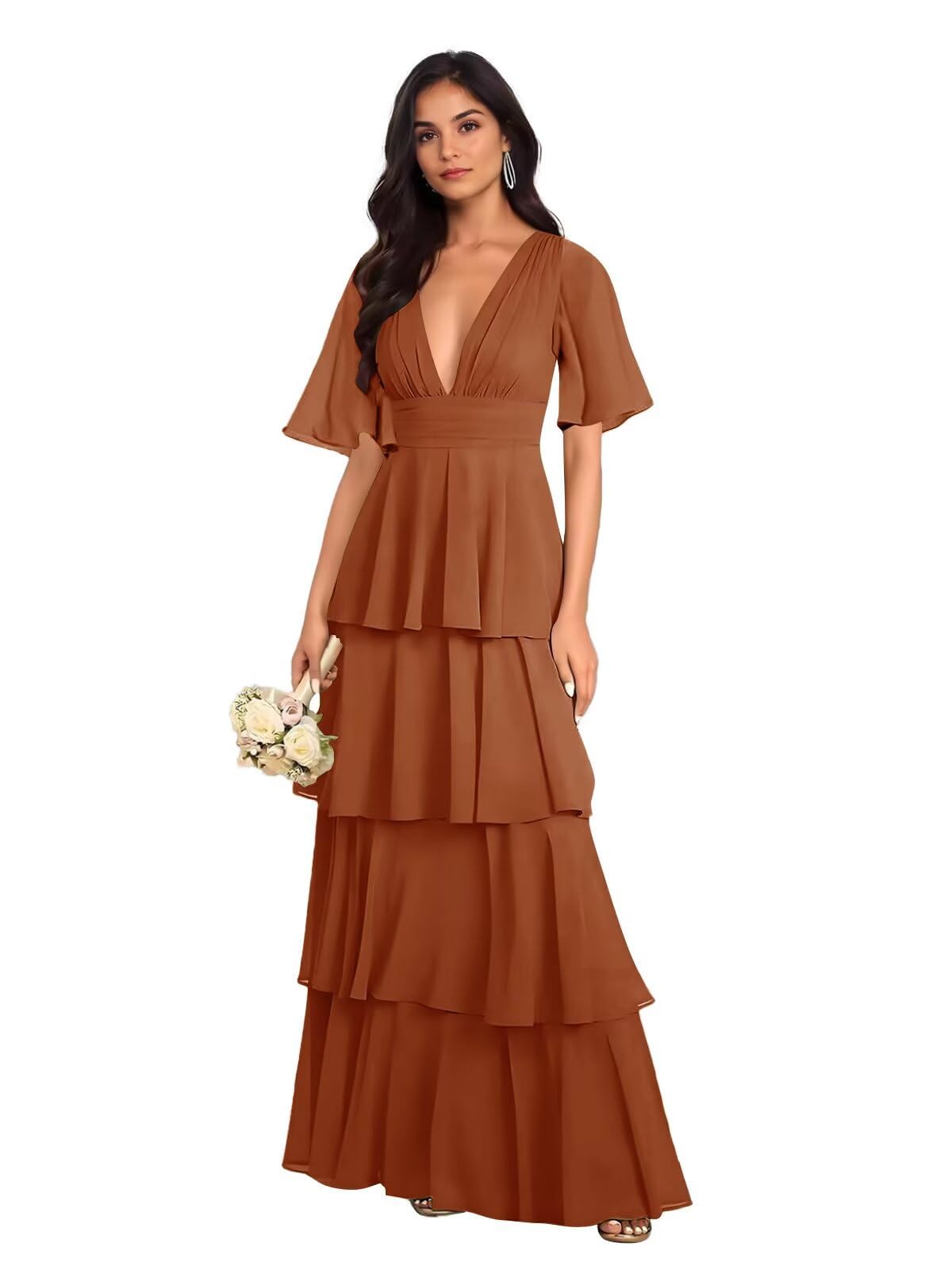 Flügelärmel Chiffon Abendkleider Elegant für Hochzeit,V-Ausschnitt Gestufte Brautjungfernkleider Lang für Damen Stufige Rüschen Festliche Kleider für Hochzeitsgäste