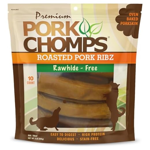Pork Chomps Roasted Pork Skin Dog Chews, 6 Inch Rib Shapes, 10 Count, Pack of 1 - Long-Lasting Treats for Dogs - High Protein, Rawhide-Free, Low Fat, Healthy & Delicious Chews