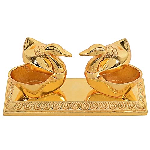 LABHCART Duble Duck Shape Haldi Kumkum Box for Home Pooja Decorative Items Chopda for Pooja and Gift Purpose Decorative Gold-Plated Duck Shaped Kumkum Sindoor Holder Set with Tray, Traditional Design thumbnail 6