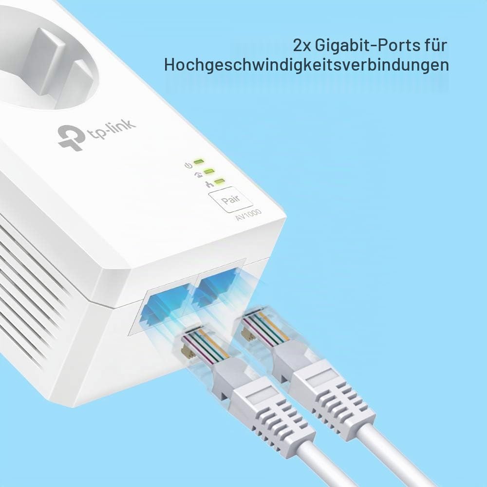 TP-Link Powerline Adapter Set TL-PA7027P KIT mit Steckdose AV1000, Gigabit-Port, Plug und Play, kompatibel mit allen HomePlug AV/AV2, ohne WLAN