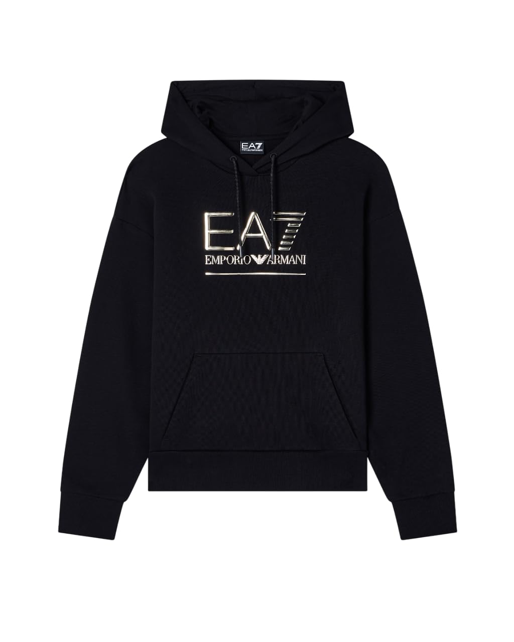 Emporio Armani EA7 Donan Sweatshirt with Hood Visibility in Cotton Blend Plush, Black/Gold, S