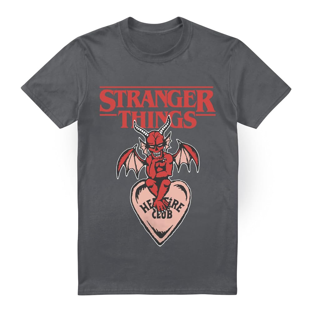 Stranger Things Unisex Charcoal Hellfire Heart T Shirt, Medium