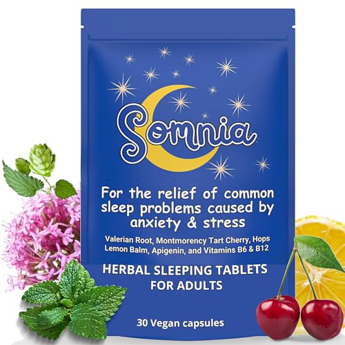 Somnia Herbal Sleeping Tablets for Adults, Stress & Anxiety Relief, Sleeping Pills, Sleep Support, Calming Relaxing Sleep Aid Supplement, Tested Safe & Suitable for Long-Time Use. One-Month Supply.